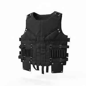 Può includere: Gilet tattico nero con più tasche, cinghie e fibbie metalliche. Il gilet ha un design imbottito ed è realizzato in un materiale resistente. È dotato di diverse tasche e passanti per il trasporto di attrezzature. Il gilet è progettato per la protezione e l'utilità.