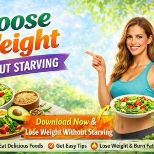 May include: An advertisement promoting weight loss. The image features a woman holding a salad, with text that reads "Loose Weight Without Starving." Other text includes "Eat Delicious Foods," "Get Easy Tips," and "Lose Weight & Burn Fat!"