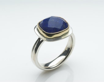 Square Faceted Lapis Lazuli ring - 18 ct gold on Sterling Silver ring - Statement Ring - non-traditional bridal jewellery - statement ring