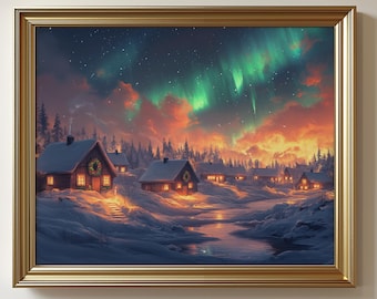 Pode incluir: Uma impressão artística emoldurada retratando uma vila de inverno nevada à noite sob uma vibrante aurora boreal verde. A cena apresenta pequenas cabanas com janelas iluminadas, solo coberto de neve e um céu escuro cheio de estrelas e nuvens.
