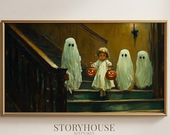 Trick or Treat Ghosts Frame TV Art, Vintage Halloween Children Painting for Samsung Frame TV, Whimsical Ghost Costumes Digital Download
