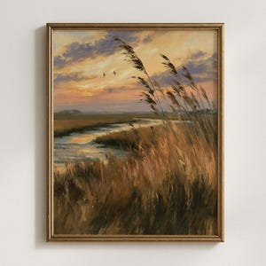 Golden Marsh Grasses at Sunset Oil Painting Print, Glowing Meadow Landscape Wall Art, Tall Grass Field Decor, Warm Sunset Printable Wall Art