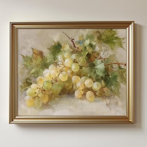Grape Kitchen Art Digital Download Vintage Print Farmhouse Decor Rustic Dining Room Wall Green Grape Still Life Painting Printable Kitchen