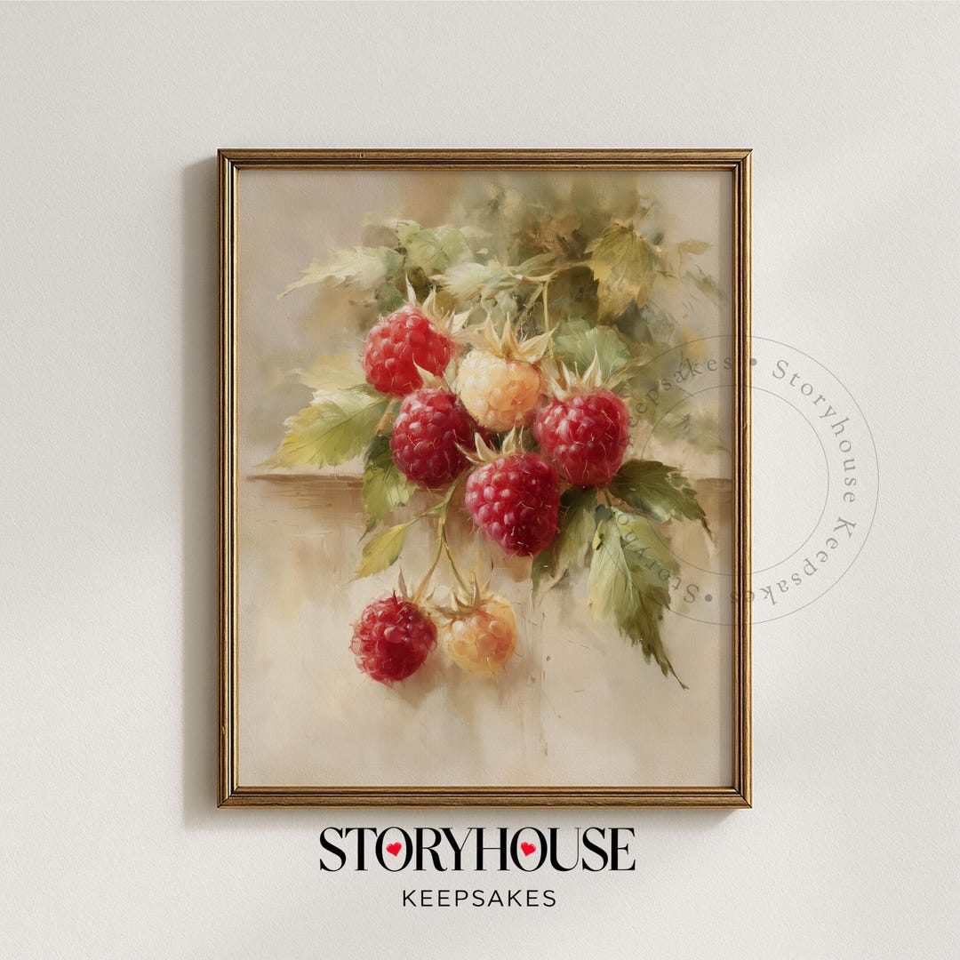 Vintage Raspberry Themed Decor Ripe Raspberries Printable Still-life Painting - Cottagecore Vintage ...