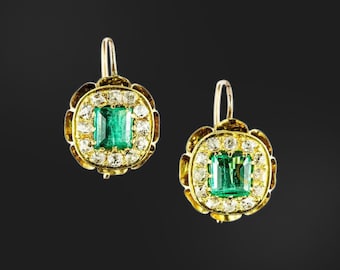 Victorian Emerald And Diamond Dangle Earrings | Antique Style Emerald Drop Earrings | 14K Yellow Gold Halo Earrings | May Birthstone Jewelry