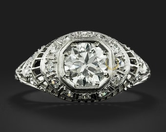 Vintage Filigree Octagon Halo Ring | Art Deco Diamond Engagement Ring | Antique Platinum Style Bridal Ring | Bridal Jewelry Gift