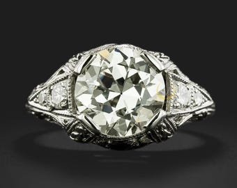 Vintage Art Deco Engagement Ring | 3.04 Carat Old Cut Moissanite Diamond Ring | Antique Filigree White Gold Bridal Ring | Statement Jewelry