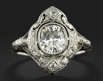 Vintage filigrane Diamant Verlobungsring | Art Deco Weißgold Ring | Antik Stil Milgrain Halo Verlobungsring | Brautschmuck Geschenk