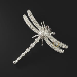 May include: A silver dragonfly brooch with clear and red gemstones. The dragonfly's body and wings are encrusted with clear gemstones, while the eyes are small red gemstones. The brooch is set against a black background.