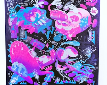 Ltd Ed Blacklight Riso Print "SICK-O-LODEON" Cartoon Stars