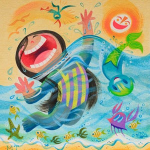 以下が含まれることがあります： 鮮やかなイラストは、人魚や海洋生物がいる青い水の中で楽しんでいる人物を描いています。その人物は笑っており、水しぶき、笑顔の太陽、鳥に囲まれています。砂浜を舞台にしたシーンです。