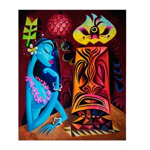 Stampa giclée 'ALOHA-LAND TIKIROOM' di Miles Thompson ***senza cornice*** inchiostro su carta arte analogica colore stile design cocktail bar rum accogliente