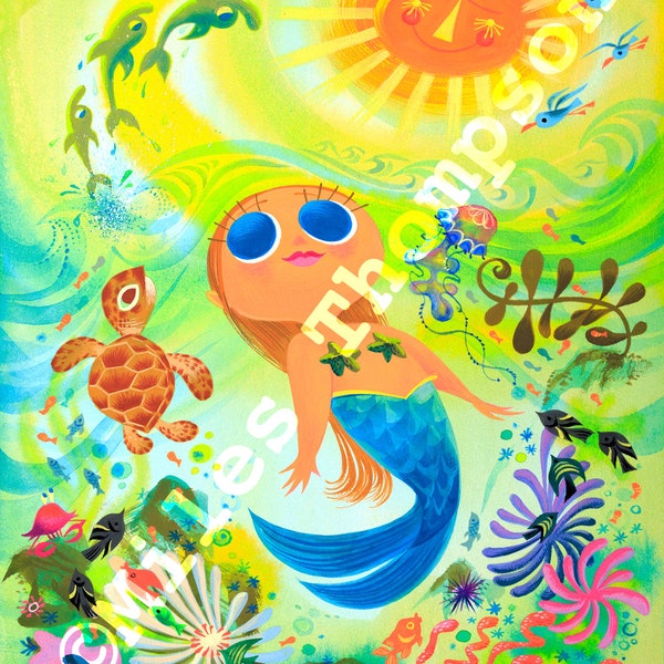 Giclee Print 'Summer Sun Ocean Fun' Miles Thompson Gouache Painting ***UNFRAMED*** Children's Art Mermaid Coral Reef Scene 2024
