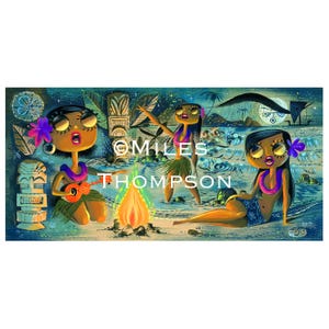 Impression giclée « Moonlight Wahine Trio » 9 po x 18 po. Bordure de 1/2 po. sur papier aquarelle épais Exotica Art *** SANS CADRE ***