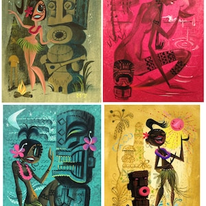 Tiki Art Set 4 Tiki Giclee Mini Prints Island Style Miles Thompson Giclee Reproducción digital del tamaño de una postal