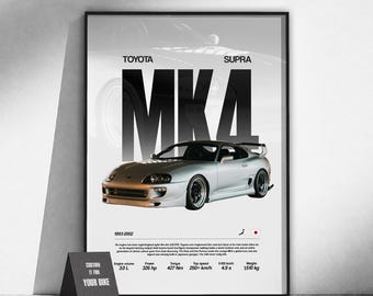 Póster JDM del Toyota Supra A80 Twin Turbo | Arte automovilístico japonés | Arte mural automotriz | Decoración de garaje | Regalo para amantes de los coches | Arte para aficionados al tuning