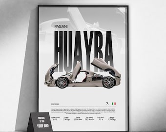 Póster del hiperdeportivo Pagani Huayra | Arte mural de superdeportivos | Lámina de coches exóticos | Decoración de garaje | Regalo para aficionados a los coches | Arte del automovilismo