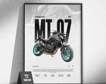 Póster de la moto deportiva Yamaha MT-07 | Arte mural para motociclistas | Lámina de moto japonesa | Decoración de garaje | Regalo para motociclistas | Arte del motor