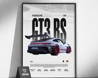 Póster del superdeportivo Porsche 911 GT3 RS (992) | Arte de coches exóticos | Arte mural automotriz | Decoración de garaje | Regalo para aficionados a los coches | Arte del automovilismo
