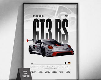 Póster del superdeportivo Porsche 911 GT3 RS (992) | Arte de coches exóticos | Arte mural automotriz | Decoración de garaje | Regalo para aficionados a los coches | Arte del automovilismo