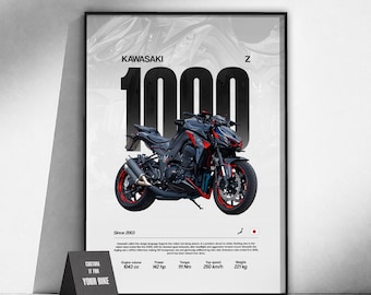 Póster de la Kawasaki Z1000 Naked Bike | Arte mural para motociclistas | Lámina estilo streetfighter | Decoración de garaje | Regalo para motociclistas | Arte urbano para motociclistas