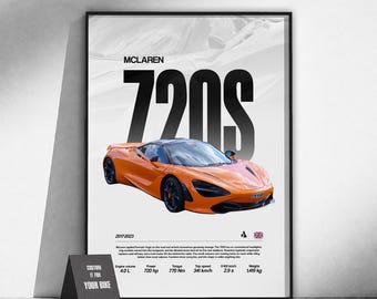 Póster del superdeportivo McLaren 720S | Arte de coches exóticos | Arte mural automotriz | Decoración de garaje | Regalo para amantes de los coches | Arte del automovilismo
