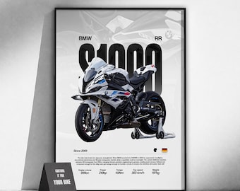 Póster de la moto deportiva BMW S1000RR | Arte mural para motociclistas | Lámina de moto alemana | Decoración de garaje | Regalo para motociclistas | Arte del motor