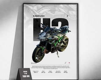 Póster de la moto naked Kawasaki Z H2 | Arte mural para motociclistas | Lámina estilo streetfighter | Decoración de garaje | Regalo para motociclistas | Arte urbano para motociclistas