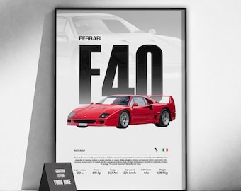 Póster del superdeportivo Ferrari F40 | Arte de coches exóticos | Arte mural automotriz | Decoración de garaje | Regalo para amantes de los coches | Arte del automovilismo