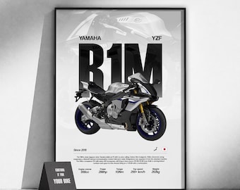 Póster de la moto deportiva Yamaha YZF-R1M | Arte mural para motociclistas | Lámina de moto japonesa | Decoración de garaje | Regalo para motociclistas | Arte del motor