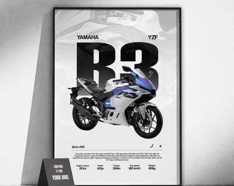 Póster de la moto deportiva Yamaha YZF-R3 | Arte mural para motociclistas | Lámina de moto japonesa | Decoración de garaje | Regalo para motociclistas | Arte del motor