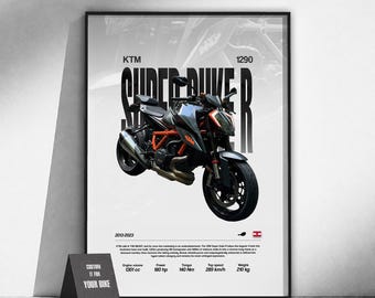 Póster de la KTM 1290 Super Duke R Naked Bike | Arte mural para motociclistas | Lámina estilo streetfighter | Decoración de garaje | Regalo para motociclistas | Arte urbano para motociclistas