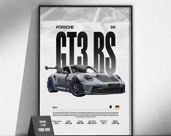 Póster del superdeportivo Porsche 911 GT3 RS (992) | Arte de coches exóticos | Arte mural automotriz | Decoración de garaje | Regalo para aficionados a los coches | Arte del automovilismo