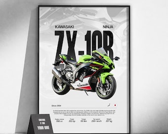 Póster de la motocicleta deportiva Kawasaki Ninja ZX-10R | Arte mural para motociclistas | Lámina de moto japonesa | Decoración de garaje | Regalo para motociclistas | Arte del deporte motor