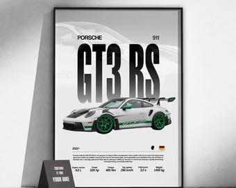 Póster del superdeportivo Porsche 911 GT3 RS (992) | Arte de coches exóticos | Arte mural automotriz | Decoración de garaje | Regalo para aficionados a los coches | Arte del automovilismo