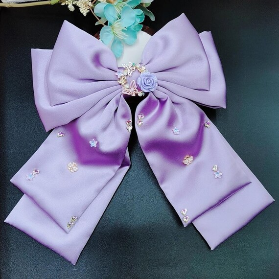 Barrette à Cheveux Violette Faite Main Avec Ruban Satin Et Strass