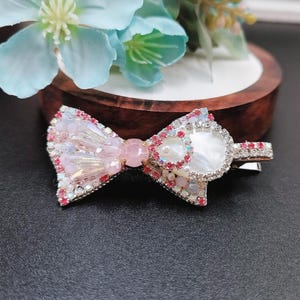 Pink Bow Alligator Hair Clip | Natural Shell and Rhinestones  display picture 1