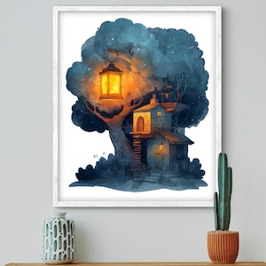 Whimsical Treehouse Art Print | Fantasy Forest Wall Decor | Cozy Digital Illustration
