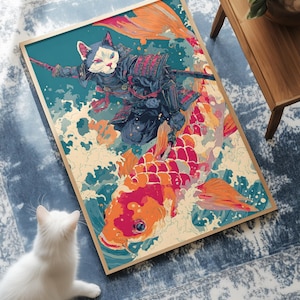 Samurai Cats Riding Koi Fish Art: Surreal Whimsical Print (Digital Download