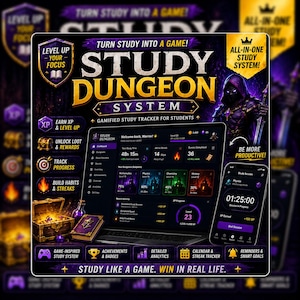 May include: An advertisement for the Study Dungeon System, a gamified study tracker for students. The image shows a laptop and smartphone displaying the app interface, with icons for XP, rewards, progress tracking, and habit building. The text reads "Study Like a Game. Win in Real Life."