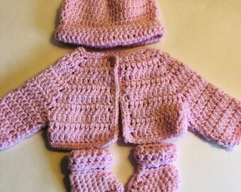 Baby Girls Light Pink Sweater Set Sizes 0-3M Years Hand Crochet