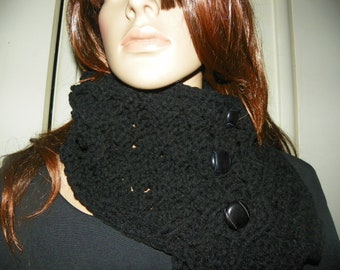 Black Cowl with Three Black Buttons  to Adjust to Your Fit Hand  Crochet