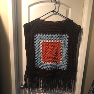 Poncho Brown Orange Mint Green Granny Square Handmade