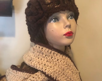 Brown Hat with a Flower and Extra Long Beige Scarf with  Brown Trim
