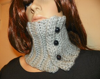Grey Cowl Neck Warmer  with Three Round Style Buttons Ready To Ship