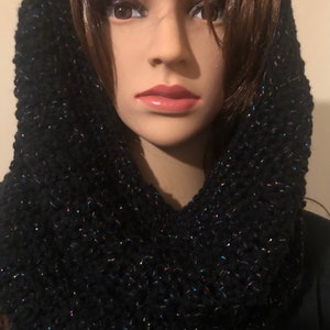 Black Cowl with Glitter Blue Pink Gold  Neck Warmer Hood   Ready to Ship