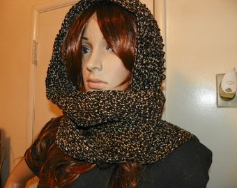 Elegant Gold on Black Scoodie Hooded Scarf Neck Warmer Discontuned Yarn READY TO SHIP