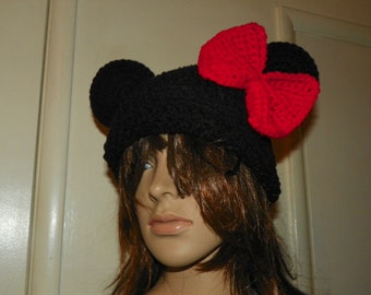 Minnie Mouse Hat  with a XLarge Red Bow   Sizes Teen-Adult Large Ears are Stand Up
