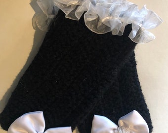 Black Gloves with Lace Trim and a Satain Bow  Hand Crochet One of a Kind