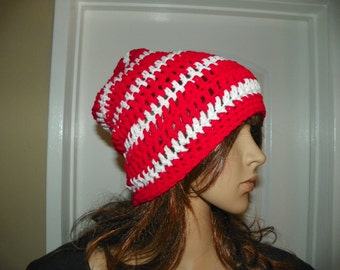 Red and White Slouch Hat Beanie Hat Unisex Sizes Teen-Adult-Adult Large